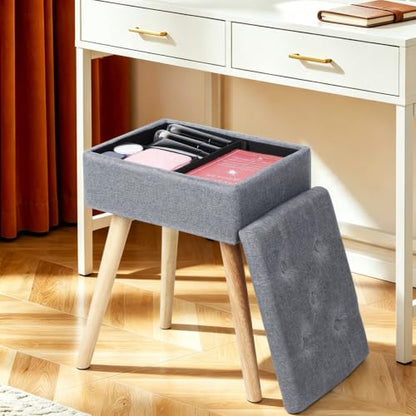 Vanity Stool with Storage, Vanity Chair with Solid Wood Legs, Grey