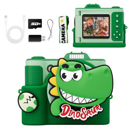 Kids Camera for Big Boys and Girls Flip Screen2.4+Telescopic Zoom 1080P Selfie Photo+Video Digital Camera for Age 5-12 with Cartoon Cover & SD Card Gift Best Chritmas Birthday Festival Gift(Green)