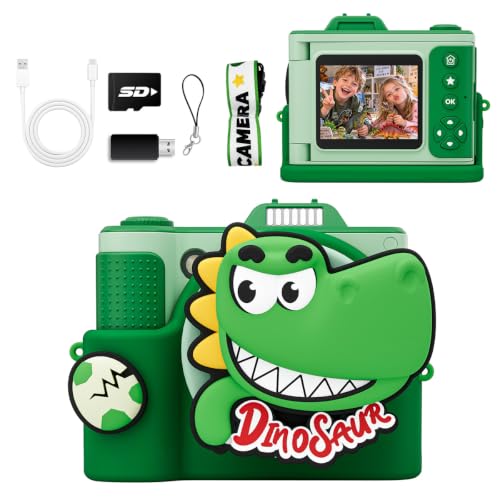 Kids Camera for Big Boys and Girls Flip Screen2.4+Telescopic Zoom 1080P Selfie Photo+Video Digital Camera for Age 5-12 with Cartoon Cover & SD Card Gift Best Chritmas Birthday Festival Gift(Green)