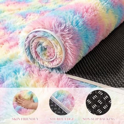 Huiuhjirug Rainbow Fluffy Rug,5x7 Washable Carpet for Living Room Girls Kid