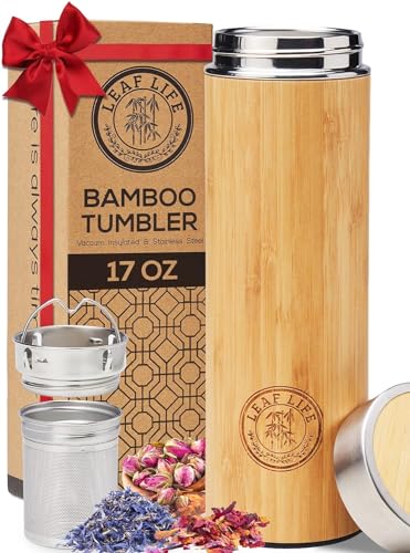Leaflife Sustainable Bamboo Loose Leaf Tea Tumbler - 17oz Tea Bottle with Infuser - 12 Hrs Hot & Cold-Vacuum Insulated Stainless Steel Tea Gift for Women, Men - Tea Infuser Travel Mug with Lid