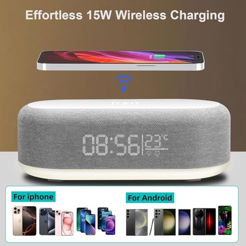 4 in 1 Wireless Charger with Alarm Clock Digital, 15W Wireless Fast Charger Station for iPhone/Samsung/Pixel,LED Display with Temperature,3 Dimmable Night Light and USB Charger (White)