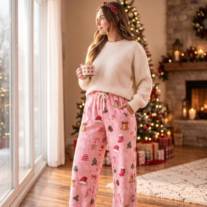 Generic Womens Fleece Pajamas Pants Cute Christmas Pj Pants Plush Sleepwear | Warm Soft Pj Pants for Women Christmas Pajamas Pants Cute Santa Hat Print Pj Bottoms Fuzzy Drawstring Lounge Pant with Pocket