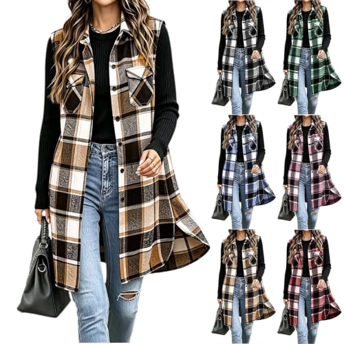 Manteau Automne Femme, Womens Long Plaid Vest Fall Jackets Flannel Khaki