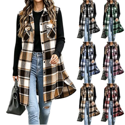 Manteau Automne Femme, Womens Long Plaid Vest Fall Jackets Flannel Khaki
