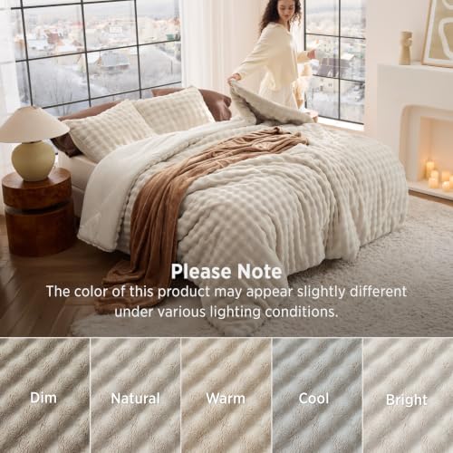 Bedsure CloudBubble Queen Comforter Set - Soft Fluffy Bedding Beige 3 Pcs