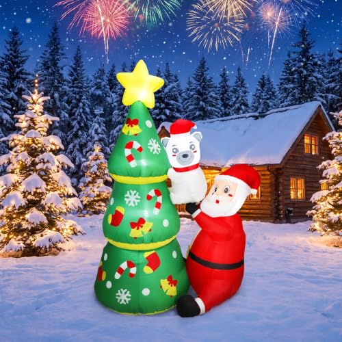 WildVenture 6ft Christmas Decoration Inflatable -Santa Helps Bear Climb