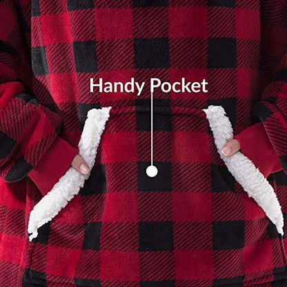 IvyH Oversized Hoodie Blanket Sweatshirt, Super Soft Hoody Home Leisure Plush Hooded Sweater One Size fits Men Women Girls Boys Unisex(Red Plaid)