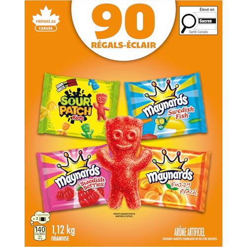 Maynards, Assorted Individually Wrapped Candy 1.12kg (Pack of 90) | Sour Patch Kids, Fuzzy Peach, Swedish Berries, Swedish Fish, Gummy Candy, Sour Candy, Prepared in Canada