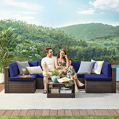 SONGMICS 7-Piece Patio Furniture Set, Outdoor Sectional Sofa Couch, Patio Conversation Set, Brown and Navy Blue UGGF015I01