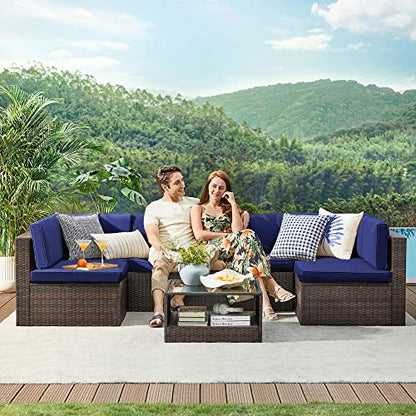 SONGMICS 7-Piece Patio Furniture Set, Outdoor Sectional Sofa Couch, Patio Conversation Set, Brown and Navy Blue UGGF015I01