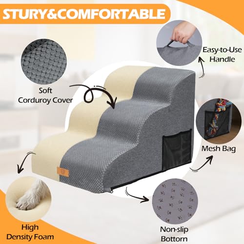 Almcmy Dog Stairs for Small Dogs 15.7" H 3-Step Bed Sofa Chair Use, Grey