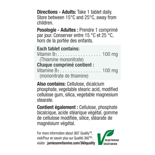 Jamieson Vitamin B1 100 mg, Thiamine, Essential for Energy Metabolism, and Helps Prevent Vitamin B1 Deficiency. One Per Day, Vegetarian, Gluten-Free, 100 Tablets, Proudly Canadian