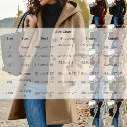Mid Length Hooded Trench Coat for Women Long Sleeve Button Down Wool Jacket
