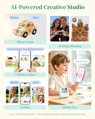 Memoking Mini Sticker Printer, T02 Portable Thermal Printer, Photo Printer | Bluetooth Sticker Maker for Kids, Inkless Label Maker, Print Pods Printer Trays, Smart AI APP, for Study Note, DIY, Gifts