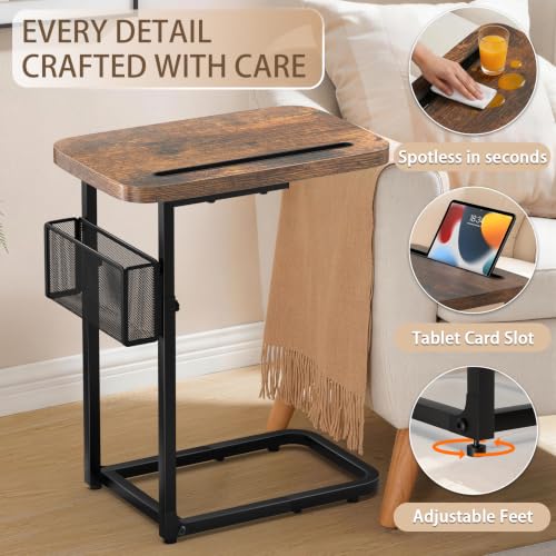 C Table End Table Adjustable Height,TV Tray Table with Storage Baskets
