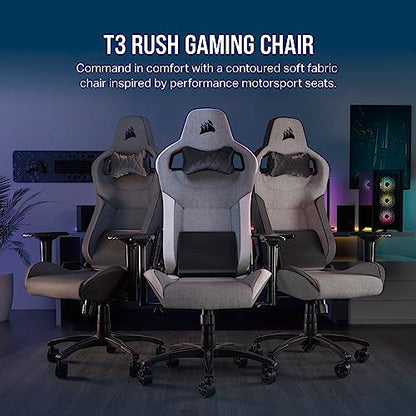 Corsair T3 Rush Fabric Gaming Chair (2023) – Racing-Inspired Design – Soft Fabric Exterior – Padded Neck Cushion – Memory Foam Lumbar Support – Adjustable Seat Height – Gray & White