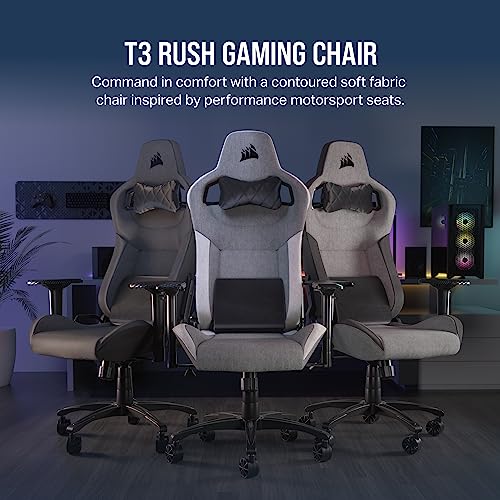 Corsair T3 Rush Fabric Gaming Chair (2023) – Racing-Inspired Design – Soft Fabric Exterior – Padded Neck Cushion – Memory Foam Lumbar Support – Adjustable Seat Height – Gray & White
