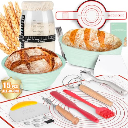 Complete Sourdough Bread Starter Kit with 35OZ Jar, All-in-One Sourdough Starter Kit, 2 Silicone Proofing Baskets, Non-Stick Baking Mat & 15-Piece Baking Tools Set - Includes Dough Scraper, Lid & More