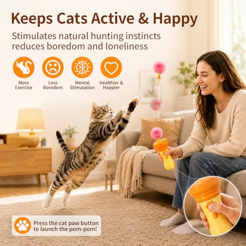 Automatic Cat Teaser Launcher, Cat Balls Fetch Toy with Retractable Rope and Fuzzy Ball, Interactive Cat Toys for Indoor Cats Enrichment Toy((Suggest Horizontal Catapult.batterie not Included)