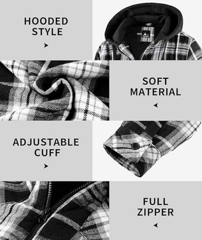ZITY Men's Fleece Flannel Jacket Full Zip Plaid Winter Warm Lined Jacket Coat Hoodies with Pockets