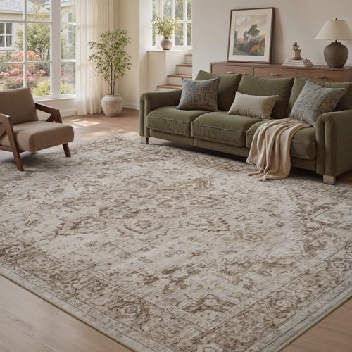 PADOOR 6×9 Area Rug for Living Room, Machine Washable Soft Large Bedroom Rug, Non-Slip Durable Low Pile Vintage Rug, Easy Clean Indoor Carpet for Hall, Kitchen, Dorm, Nursery, Office in Beige