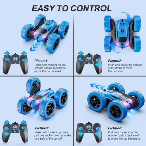 QUNREDA Remote Control Car for Kids Ages 6+, RC Cars Stunt Car Toy 4WD Double Sided 360° Rotating Remote Control with Headlights, Birthday Xmas Gifts for Boys 6 7 8 9 10 11 12 1-Blue