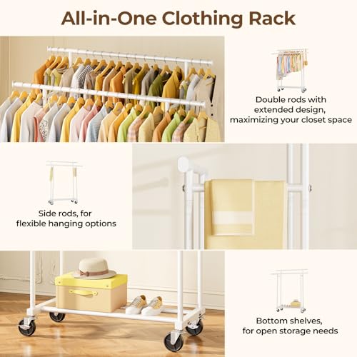 HYSEYY Double Rods Clothes Rack, Rolling Clothing Rack, Metal Garment Rack with 4 Lockable Wheels & Storage Shelf, Sturdy Coat Rack for Bedroom, Laundry, Living Room - 160H x 113W x 42D cm (White)