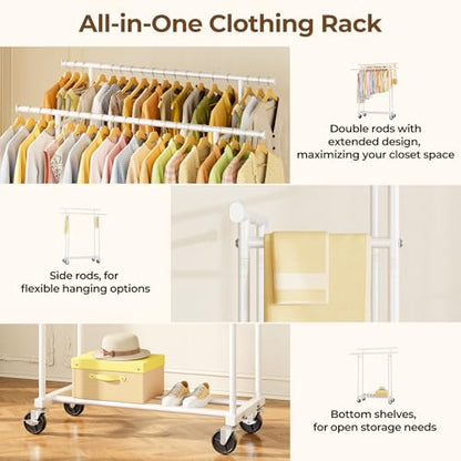 HYSEYY Double Rods Clothes Rack, Rolling Clothing Rack, Metal Garment Rack with 4 Lockable Wheels & Storage Shelf, Sturdy Coat Rack for Bedroom, Laundry, Living Room - 160H x 113W x 42D cm (White)