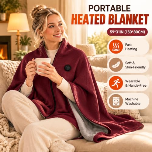 Heated Shawl Wraps for Women USB Wearable Cordless Heated Blanket | Winter Shawl Wraps for Women, Portable USB Heated Blanket Shawl with 3 Heat Settings, Front Zipper, Battery Not Included