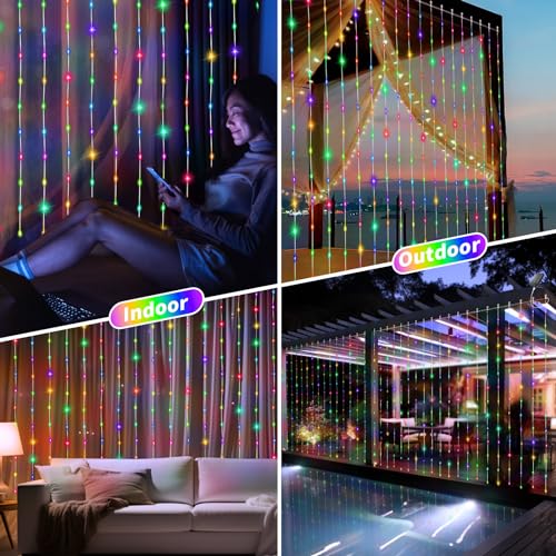 QLIRJAD Solar Curtain Lights Outdoor Waterproof 300LED Waterfall Light with 8 Modes Remote USB Rechargeable Dimmable Timer Twinkle Fairy String Lights for Outdoor Christmas Gazebo Wedding Window