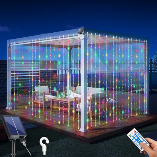 QLIRJAD Solar Curtain Lights Outdoor Waterproof 300LED Waterfall Light with 8 Modes Remote USB Rechargeable Dimmable Timer Twinkle Fairy String Lights for Outdoor Christmas Gazebo Wedding Window
