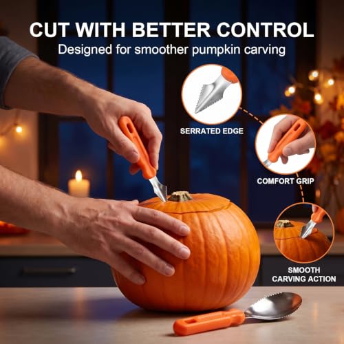 Halloween Pumpkin Carving Kit, 24pcs Pumpkin Cutters & 2pcs Carving Tools | Stainless Steel 26pcs Pumpkin Carving Knife Tools Set for Adults Beginners, Easy Safe Fun DIY Jack-O-Lantern Halloween Decor