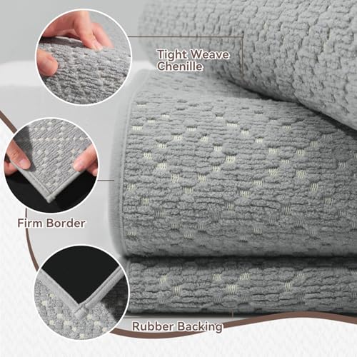 TCHDIO Chenille Bath Mat Super Absorbent Bathroom Mat Non Slip Rubber Backed Bath Mats for Bathroom Quick Dry Bathroom Rug Machine Washable Thin Bath Rug Fit Under Door, Shower, Bathtub,17"X 28"Grey