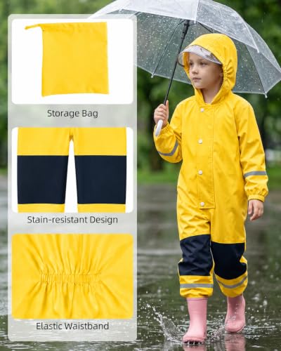 JiAmy Kids Toddler Rain Suit,one Piece Raincoat with Storage Bag for 4-5Years Yellow