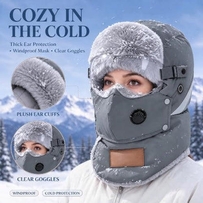 Winter Trapper Hat with Goggles Windproof Face Mask Plush Fleece Lined Balaclava Cold Weather Ski Hat for Men Women Gray