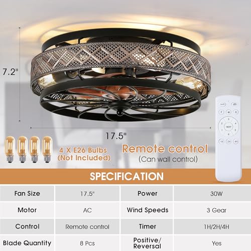 18" Low Profile Caged Ceiling Fans with Lights and Remote, Flush Mount Ceiling Fan with Light, Bedroom Fan, Small Industrial Black Ceiling Light Fixture, Reversible(Bulbs not Included)