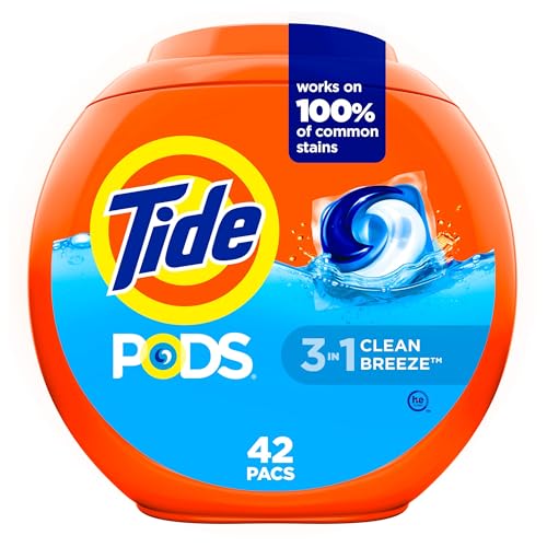 Tide PODS laundry detergent pacs, 3-in-1 Stain Remover, Odor Fighter, Color ProteCountor, 42 Count, HE compatible, Clean Breeze Scent