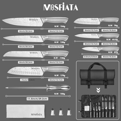 MOSFiATA Kitchen Knife Set, 12 Pcs Japanese Stainless Steel Knife Sets for Kitchen with Oxford Cloth Storage Bag with Knife Sharpening Rod, Dishwasher Safe, for Outdoor