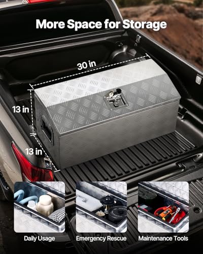 VEVOR Heavy Duty Aluminum Truck Bed Tool Box, Stripes Plated Tool Box with Side Handle and T-Lock Keys, Storage Toolbox Chest Organizer for Trailer, Pickup, Truck Bed, RV, 30"x13"x13", Silver