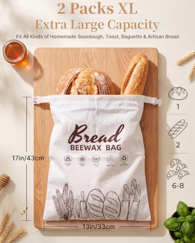 2 Pack Reusable Beeswax Bread Bags for Sourdough & Homemade Bread
