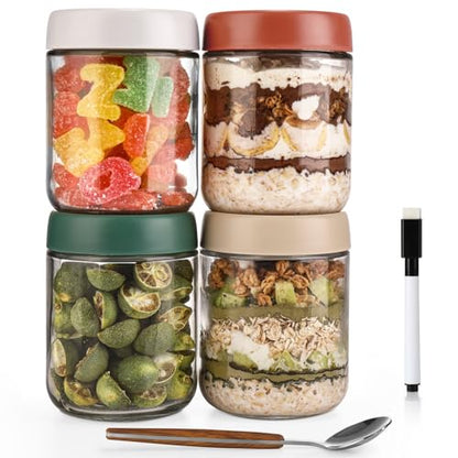 Overnight Oats Jar,Mason Jars,Overnight Oats Containers With Lids,16 OZ - Set Of 4,Chia Pudding Jars With Lids, Oatmeal Container To Go, With Spoon And Marker