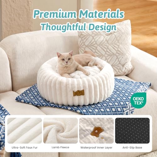 COZY KISS Donut Small Cat Bed for Indoor Cat, Kitten Bed Calming 50cm Cream
