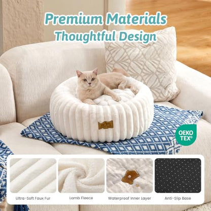 COZY KISS Donut Small Cat Bed for Indoor Cat, Kitten Bed Calming 50cm Cream