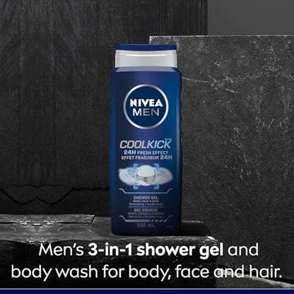NIVEA MEN Cool Kick 3-in-1 Shower Gel, Body Face Hair, Icy Menthol, 500ml