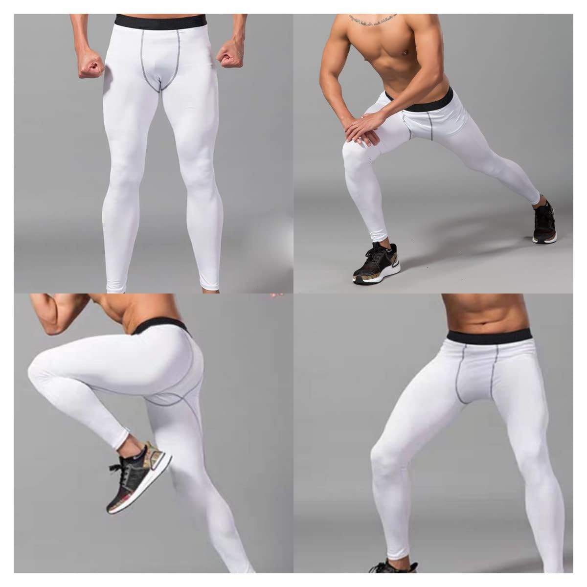 Smatstyle Men’s Compression Pants Athletic Compression Leggings Sports Tights Fit Running Base Layer Workout Basketball Gym (CA/US, Alpha, Large, Regular, Regular, White)