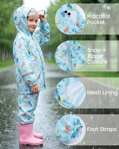 DivingBirds Kids Toddler Rain Suit,Muddy Buddy Waterproof Coverall,2-Piece Raincoat with Portable Storage Bag and Reflective Strip Light Blue for 4-5 Years