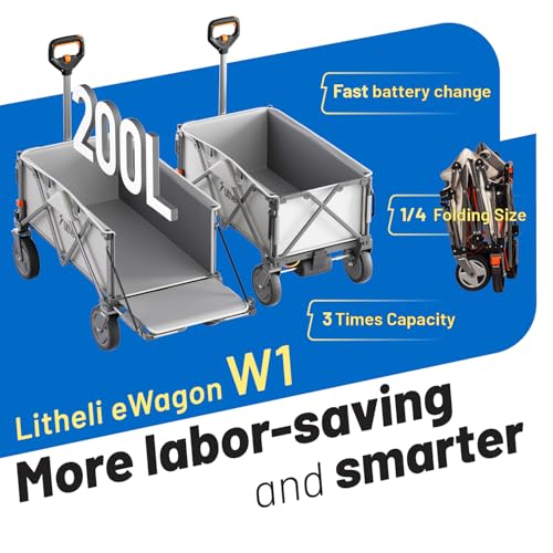 LiTHELi Electric Utility Wagon Cart, 200L Capacity, 300 lbs Load, Foldable Heavy-Duty Design with All-Terrain Wheels, Variable Speed Drive & Battery Power for Camping, Beach, Garden & Shopping