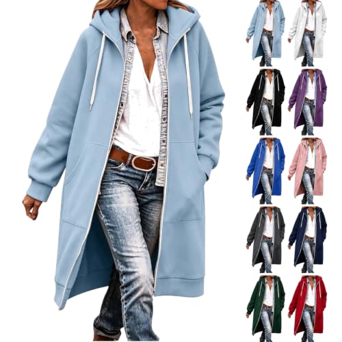 Zip Up Fleece Hoodie Women Long Womens Jacket Long Hoodies for Women Plus Size Zip Up Jacket with Hood Knee Length Cardigan Coat Casual Fleece Sweatshirt Full Zipper Light Blue,XL