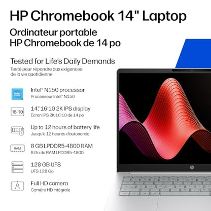 HP Chromebook 14 Inch Laptop, 2K Display, Intel N150, 8 GB RAM, 128 GB UFS, Intel Graphics, Chrome OS, Glacier Silver, 14a-nk0006ca